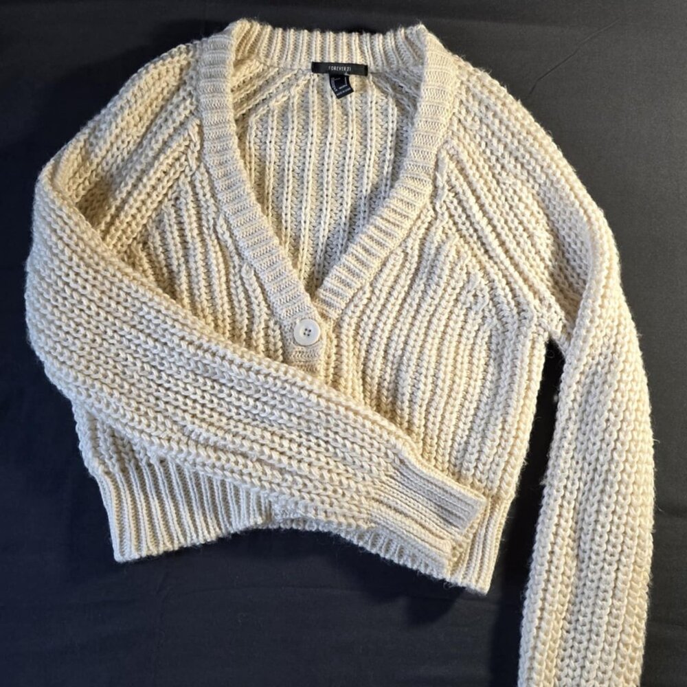 Forever 21 Beige Button Up Ribbed Knit Cropped Cardigan Sweater Size Small